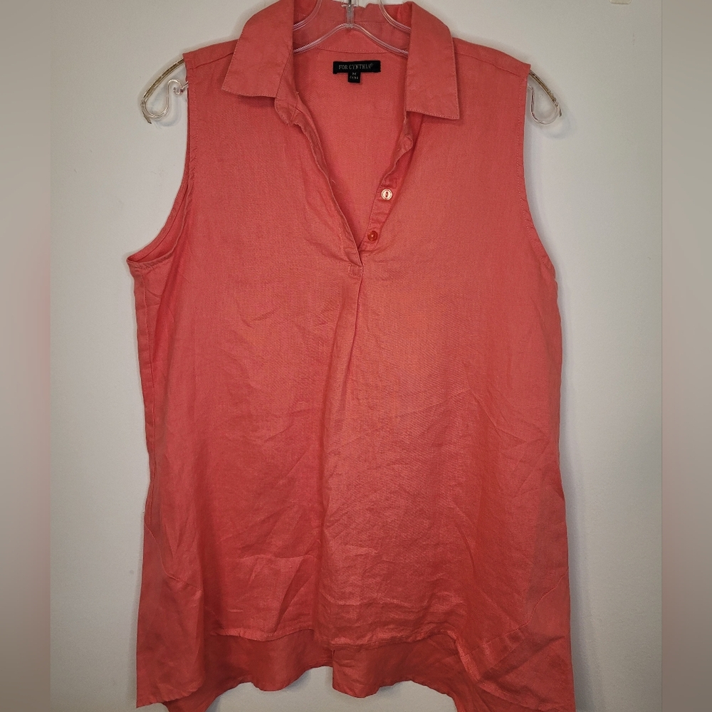 For Cynthia Linen Top Coral Sleeveless Top, Lagenlook, Summer Size M